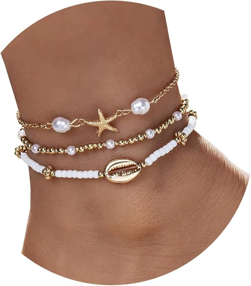Bead Ankle Bracelets Set for Women, Adjustable Gold Boho Shell Anklet, Hawaiian Beach Seashell Pe... | Amazon (US)
