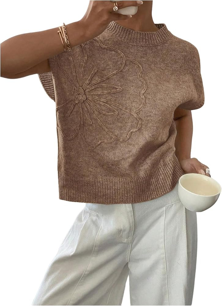 SOLY HUX Women's Ribbed Sweater Crew Neck Short Sleeve Loose Fit Floral Knit Pullover Tops | Amazon (US)