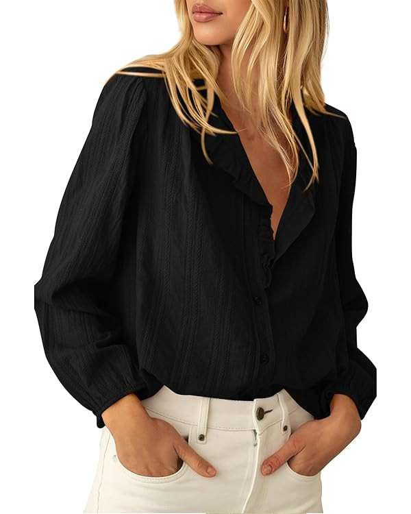 BTFBM Long Sleeve Shirts for Women Trendy Ruffle Tops Lightweight Button Down Shirt Loose Spring ... | Amazon (US)