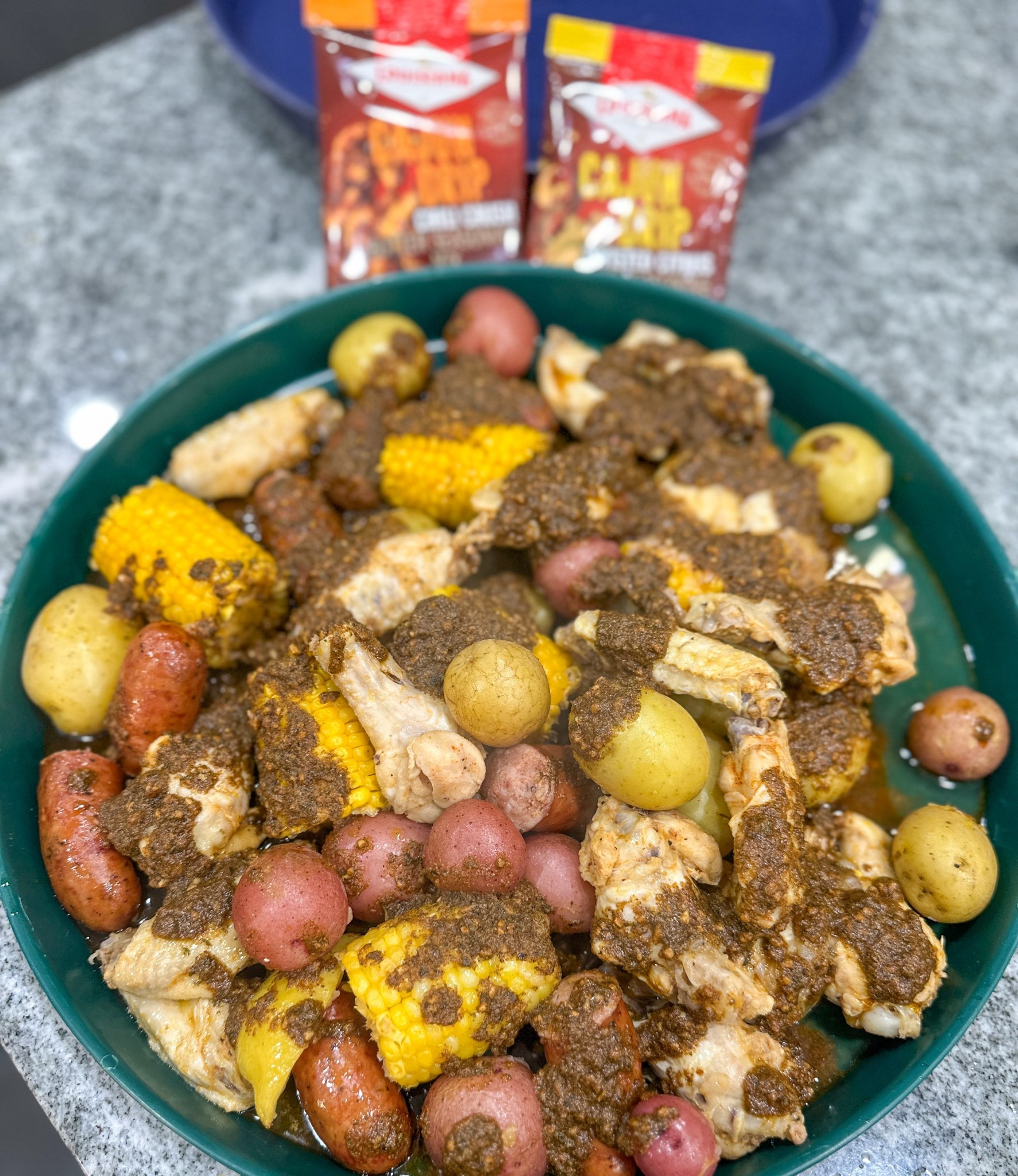 Cajun Chicken boil served in my crawfish trays. #trays #kitchenware #servingtrays #homecook #athomewithdsf 