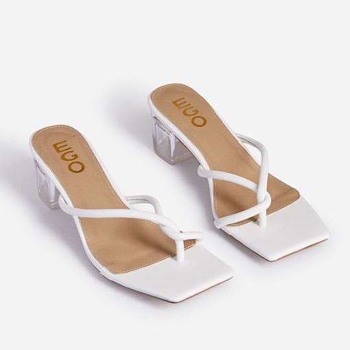Twinkle Square Toe Thong Clear Perspex Midi Block Heel Mule In White Faux Leather | EGO Shoes (US & Canada)