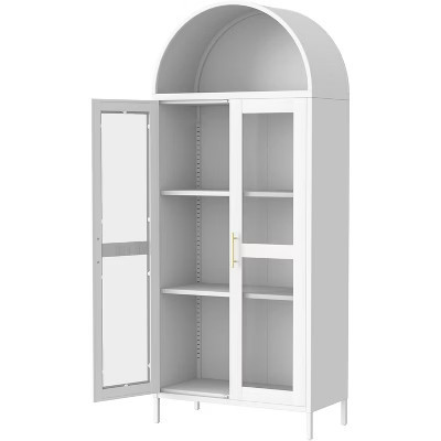 Modern Arched Metal Cabinet with Glass Doors & 2 Adjustable Shelves, 31"x15"x73", Freestanding for Kitchen/Dining/Living Room, White | Target