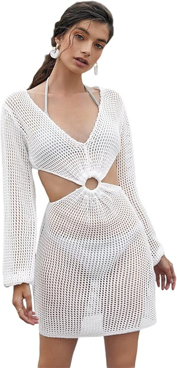 MakeMeChic Women's Crochet Cover Up Long Sleeve Knitted Swim Beach Cover Up Dress Swimwear | Amazon (US)