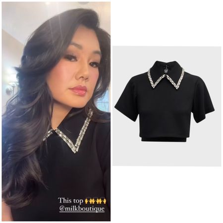 Crystal Kung Minkoff’s Black Embellished Collar Top is from Milk Boutique // Shop Additional Stock and Looks for Less 📸 = @crystalkungminkoff