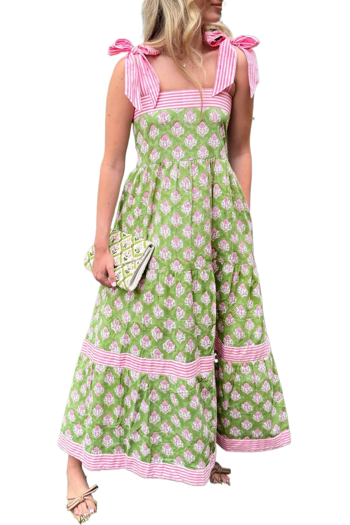 Women's Green Floral Maxi Dress \u2013 Sleeveless Patchwork A-Line Dress with Striped Knot Straps... | Walmart (US)