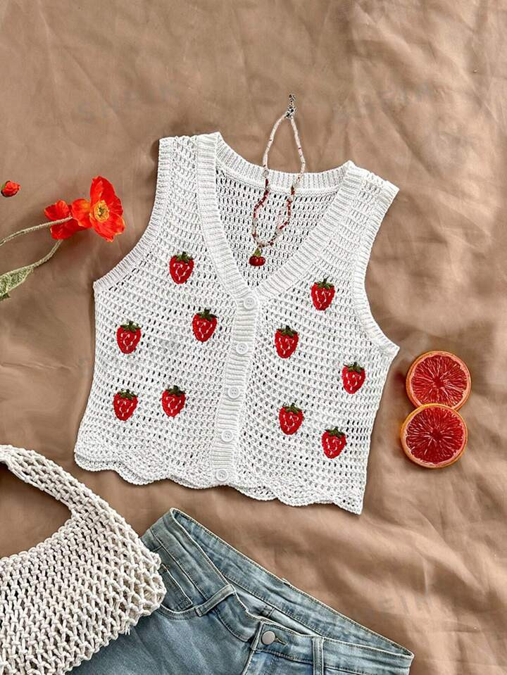 SHEIN WYWH Women's Vacation Strawberry Decor Open-Front Sweater Vest | SHEIN