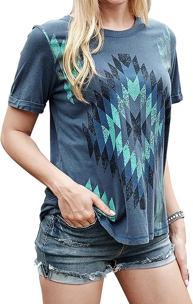 Women Vintage Western Tee Tops Short Sleeve Ethnic Graphic Loose Fit Cow Skull Rodeo Shirt Western C | Amazon (US)