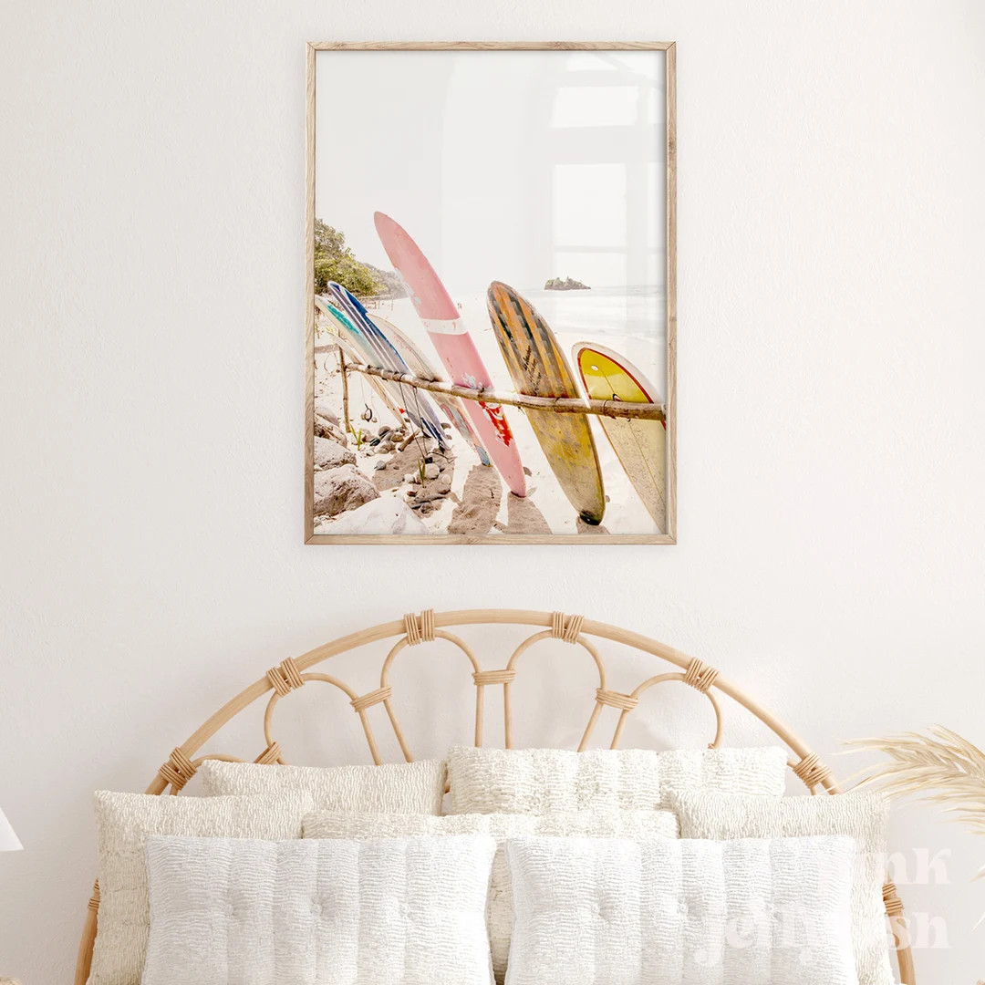 surfboards print, surf poster, printable art, beach wall art, coastal prints, pink wall art, teen... | Etsy (US)