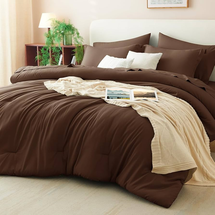 King Size Comforter Set Brown, 7 Pieces Bed in a Bag     OEKO-TEX Certified, All-Season, Bedroom,... | Amazon (US)