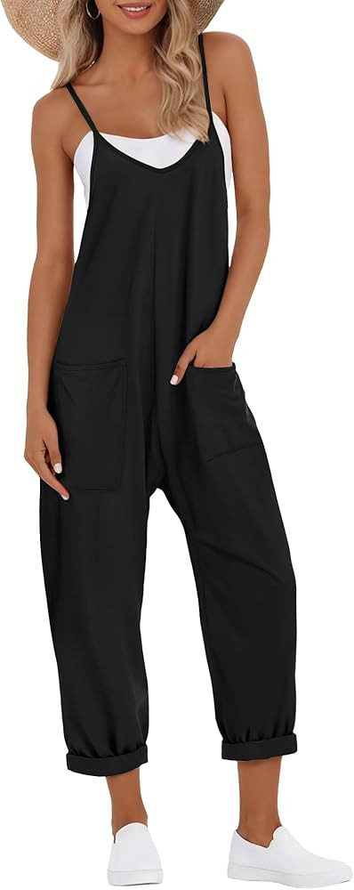 Buauty Jumpsuits for Women Casual V Neck Sleeveless Baggy Overalls Spaghetti Strap Jumpers with P... | Amazon (US)