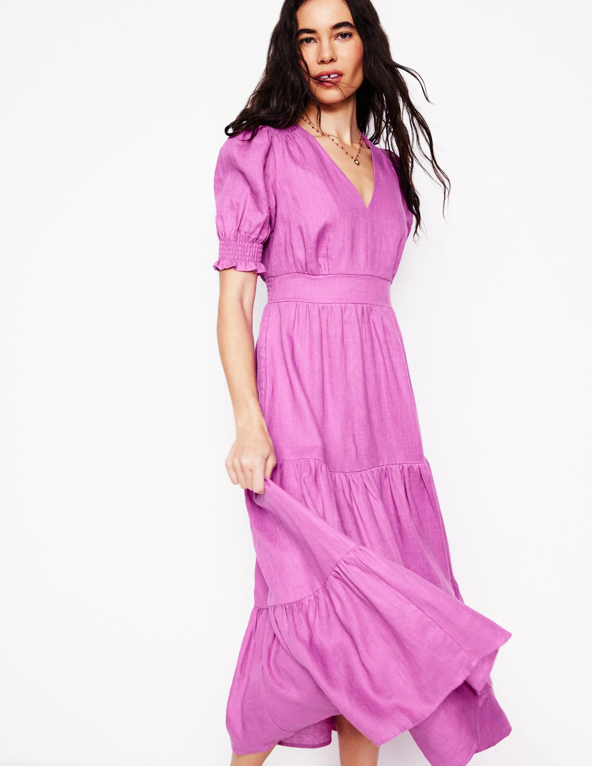 Anna Linen Tiered Midi Dress-Foxglove Purple | Boden (US)