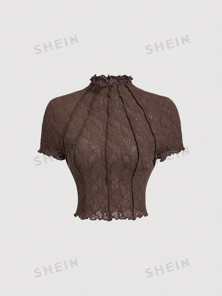 SHEIN MOD Women's Round Neck Puff Sleeve Solid Color Knit Textured Sheer Casual T-Shirt | SHEIN