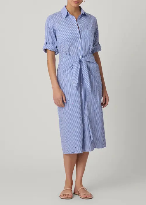 Shoshanna Embellished Pinstripe Tie Shirtdress in French Blue/optic at Nordstrom, Size X-Small | Nordstrom