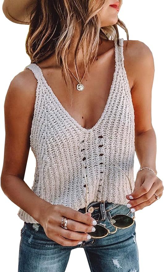 CinShein Womens Vest Summer Knit Tank Tops Casual V Neck Sleeveless Star Loose Fit Tunic Spaghett... | Amazon (US)