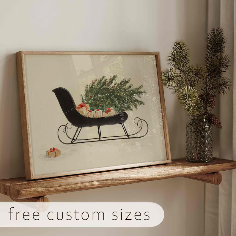 PRINTABLE Christmas Wall Art, Vintage Sleigh Painting, Christmas Tree Print, Holiday Decor, Digit... | Etsy (US)