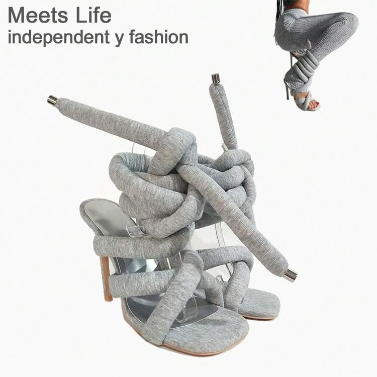 Lumeheel Women's Strappy Gladiator Sandals: High Heels, Grey Jersey Knit, Fallopian Cloth Rope Lace-Up, Sexy Open Toe, Square Stilettos, Tie-Up Heeled, US Sizes 6-13 | SHEIN