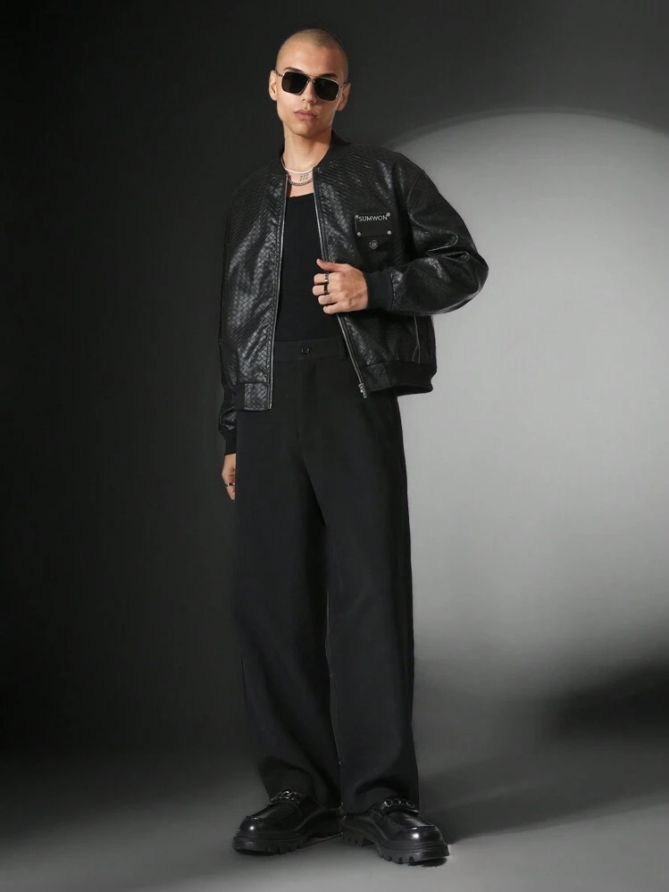 SUMWON Regular Fit PU Weave Bomber Jacket | SHEIN