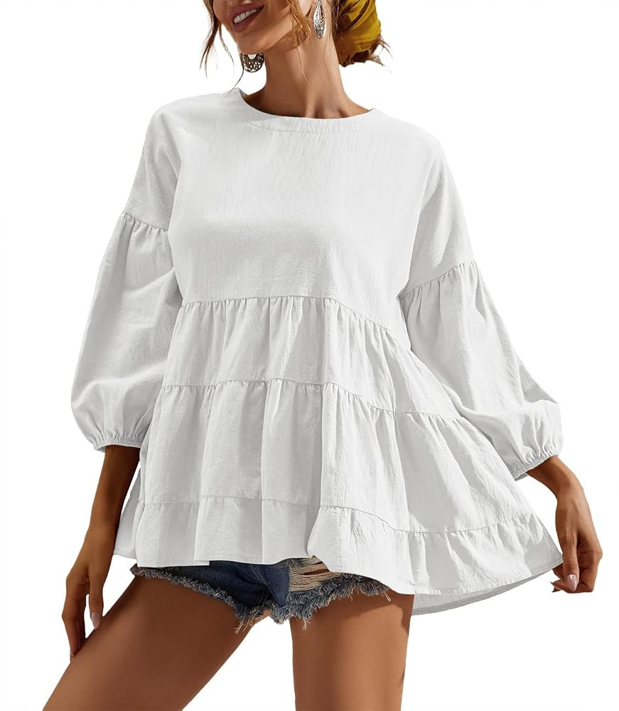 Women's Peplum Tops 3/4 Lantern Sleeve Crewneck Loose Babydoll Shirt Blouse | Amazon (US)