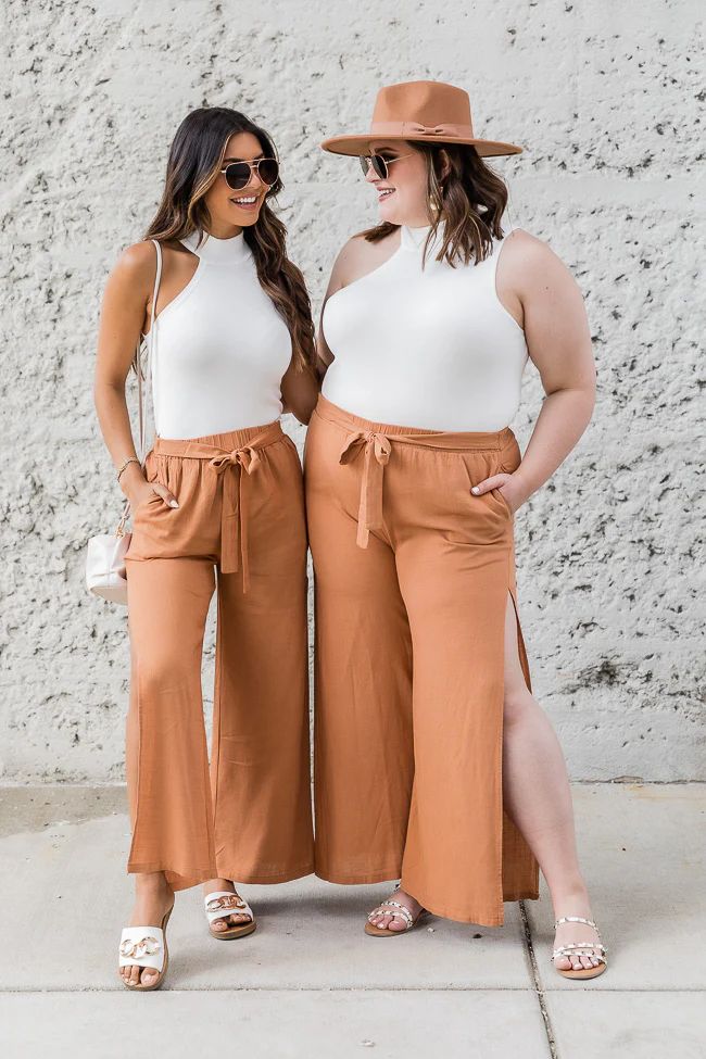 Double Check Brown Side Slit Wide Leg Pants FINAL SALE | Pink Lily