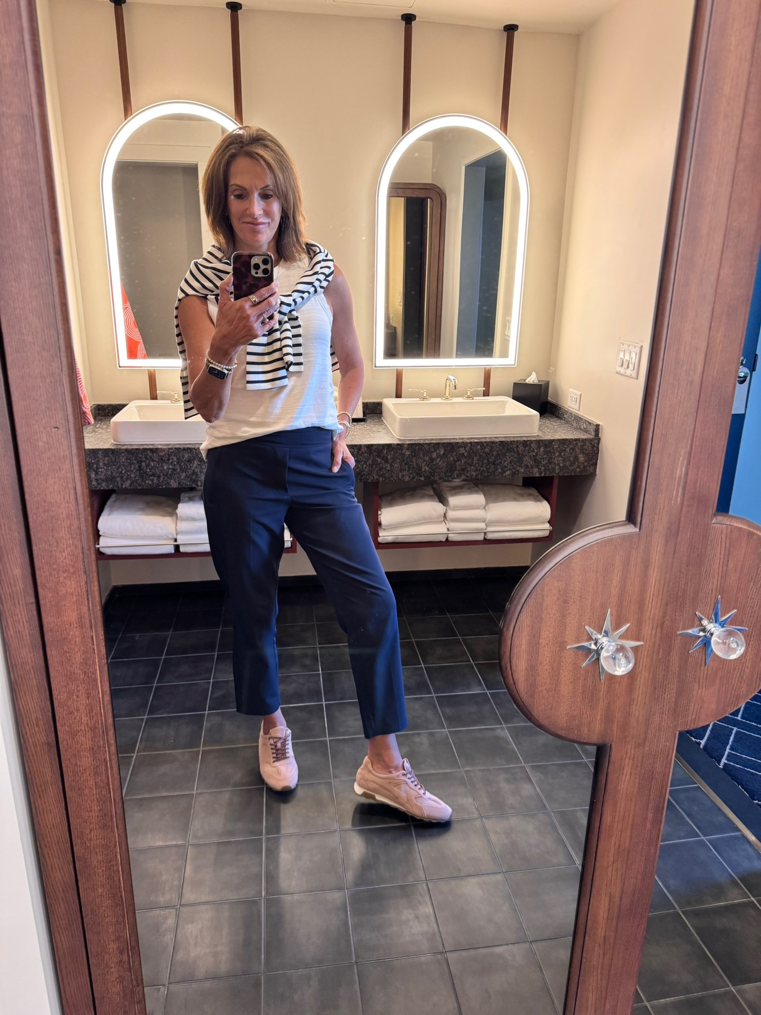 Pants - 6 regular. These are also available in petite and tall. I have several pairs in tall as well. I like the regular length in the summertime when it’s warm cause I like more of my ankle to show. Tank - medium Striped pullover - large Code : ANNIEKXSPANX

#LTKSeasonal #LTKOver40 #LTKootd