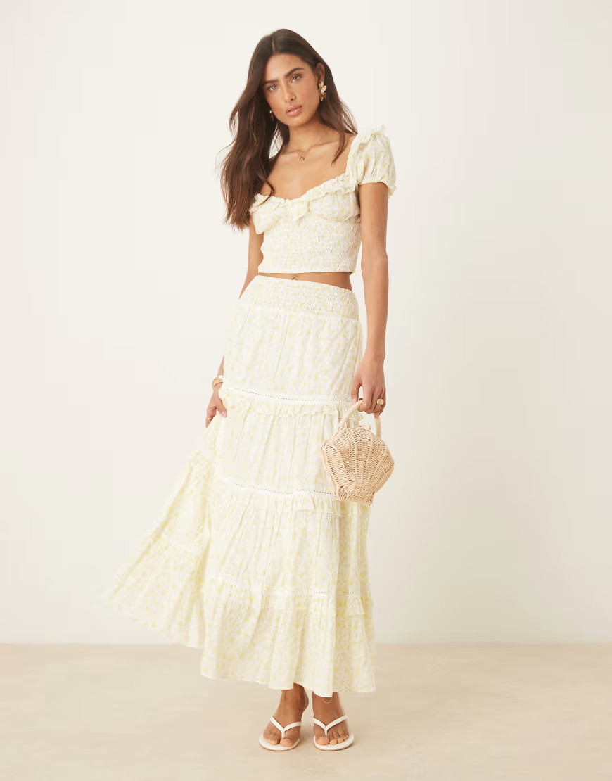 Amy Jane London Adeline tiered maxi skirt in lemon ditsy - part of a set-Yellow | ASOS (Global)