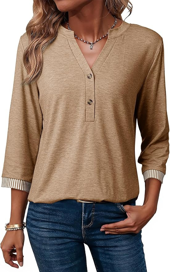 Dokotoo Womens Tops Spring Summer 3/4 Length Sleeve Fashion T-Shirts V Neck Button Down Dressy Ca... | Amazon (US)