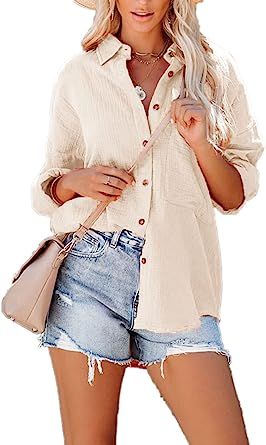 Paintcolors Women's Button Up Shirts Cotton Roll-Up Sleeve Blouses V Neck Casual Tunics Solid Col... | Amazon (US)