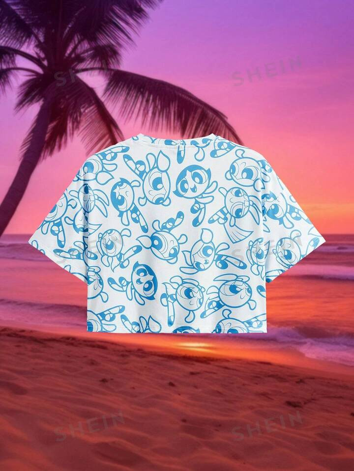 THE POWERPUFF GIRLS X SHEIN Allover Print Drop Shoulder Oversize Tee For Summer | SHEIN