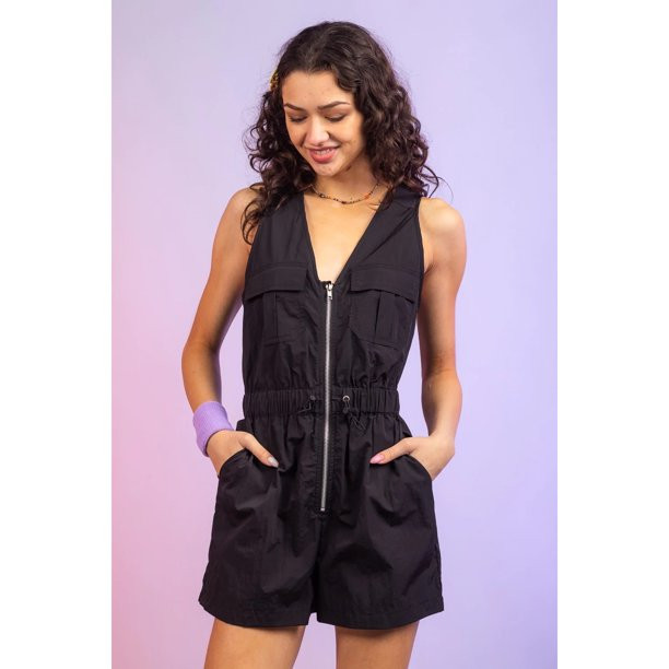 Sleeveless Zip-Up Active Romper   with 6 Pockets - Elastic Waistband with Drawstring - Black | Walmart (US)