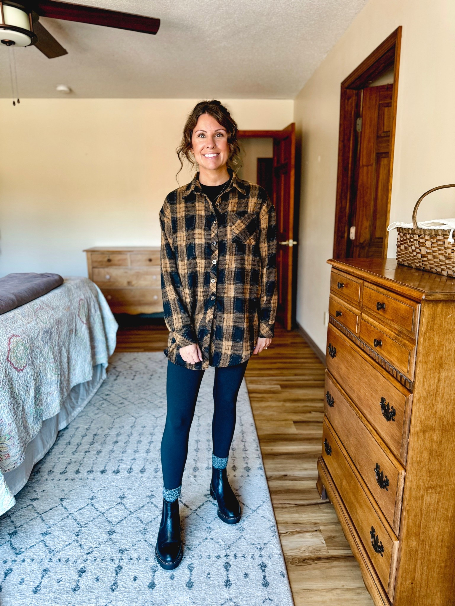 Wearing small in the tee shirt and flannel shirt and xs in my leggings. I sized up a 1/2 size in my boots🖤

#LTKPetite #LTKSeasonal #LTKFindsUnder100