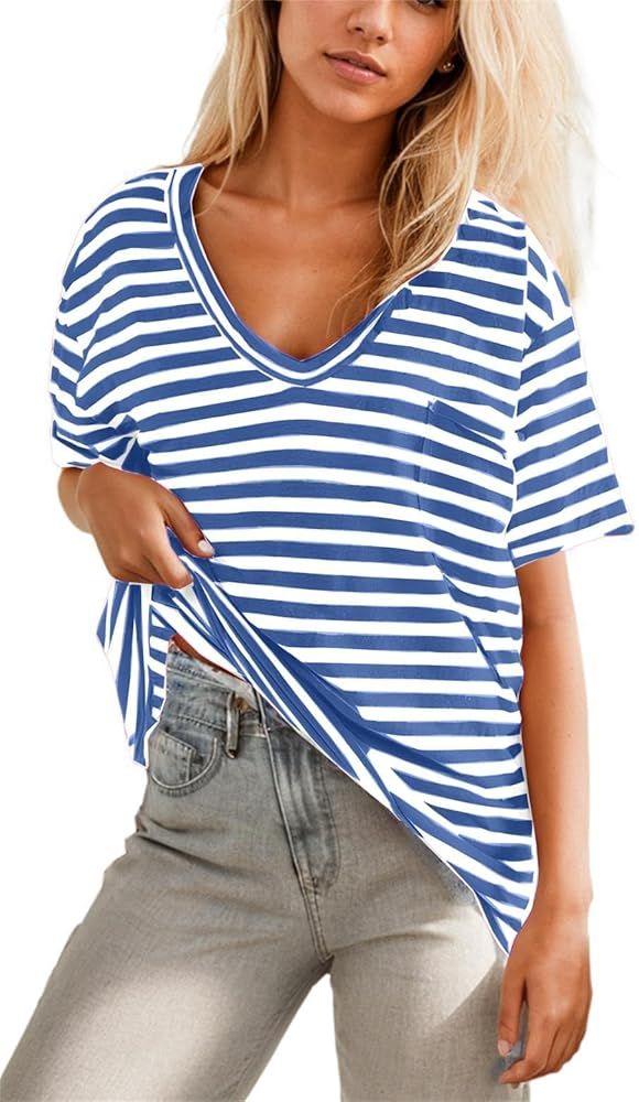 calbatic Women Oversized T Shirt Striped Short Sleeve Deep V Neck Tee Shirt Casual Loose Drop Sho... | Amazon (US)