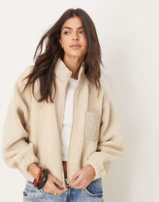 ASOS DESIGN zip through borg fleece with quilted pocket and collar in stone | ASOS (Global)