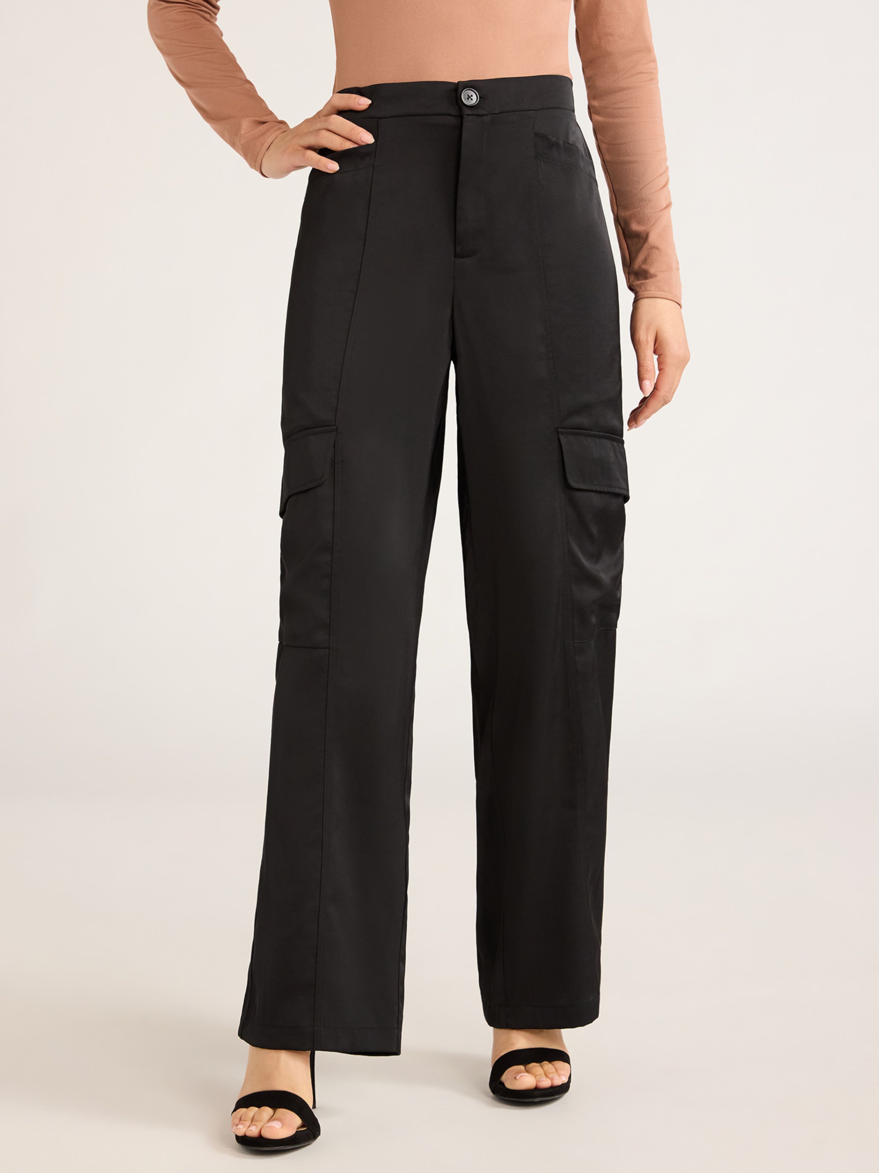 Sofia Jeans Women's Cargo Wide Leg High Rise Satin Pants, 30" Inseam, Sizes XS-XXL | Walmart (US)