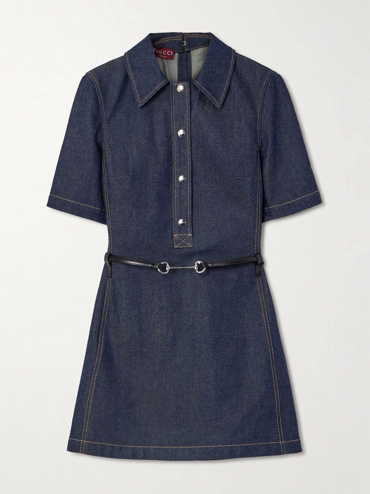 Gucci - Belted Leather-trimmed Denim Mini Dress - Blue | NET-A-PORTER (US)