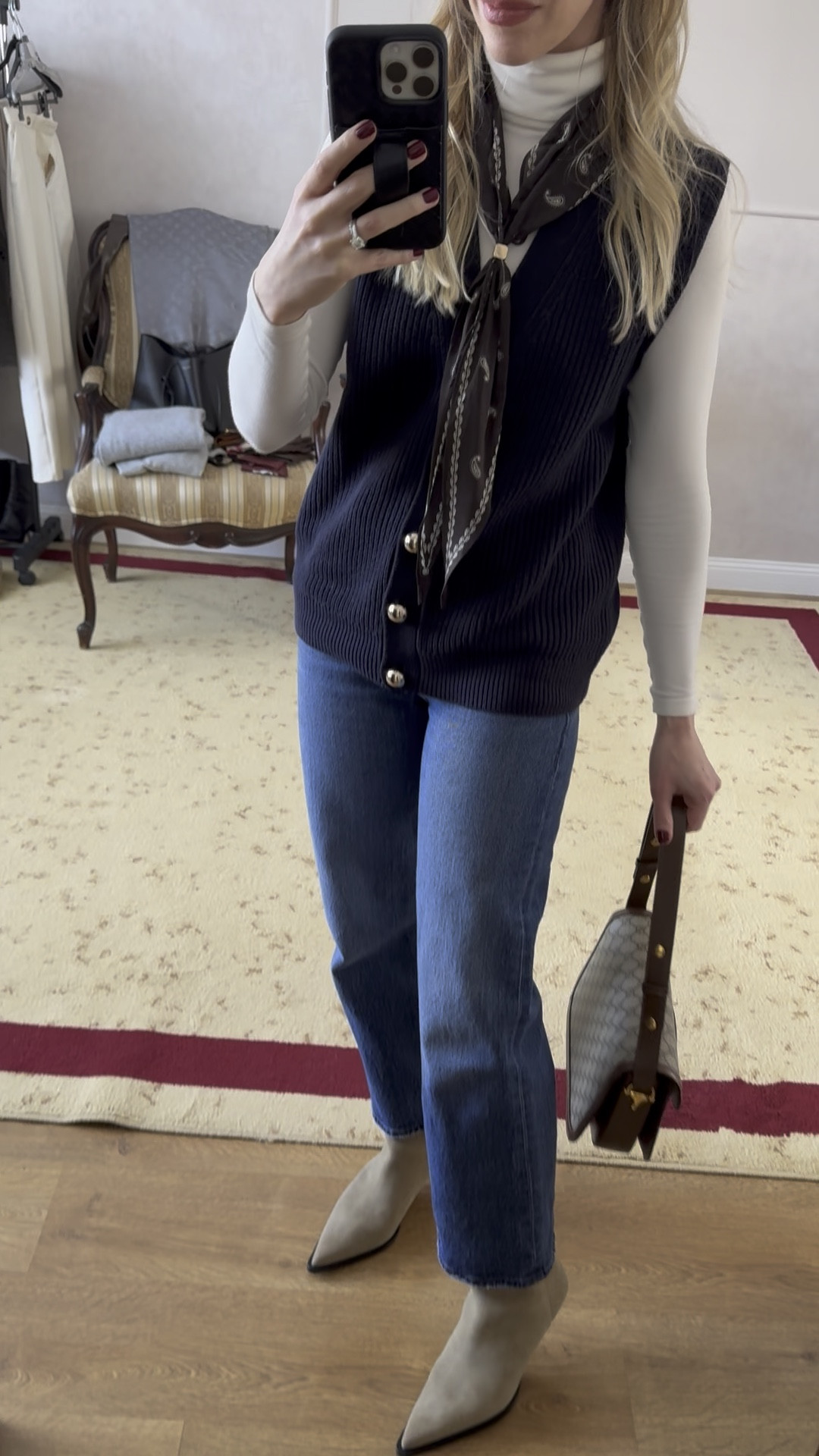Sweater vest (under $30) styled with a bandana scarf, Levi’s ribcage ankle straight jeans, suede western boots, Gucci bag 

#LTKWatchNow #LTKOver40 #LTKFindsUnder50
