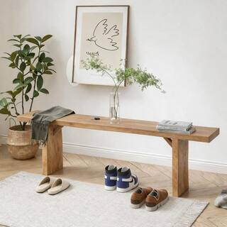 47.5 in. Natural Elm Solid Wood Bench Living/Dining Room Dual-Use Dining Bench, Indoor Wooden Lon... | The Home Depot