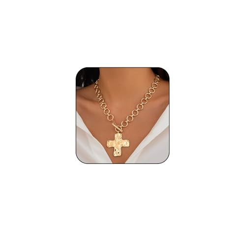 Atiptu Gold Chunky Cross Necklace for Women Statement Cross Pendant Necklace Layered Hammered Bold Cross Necklace Vintage Toggle Clasp Necklace Jewelry | Amazon (US)