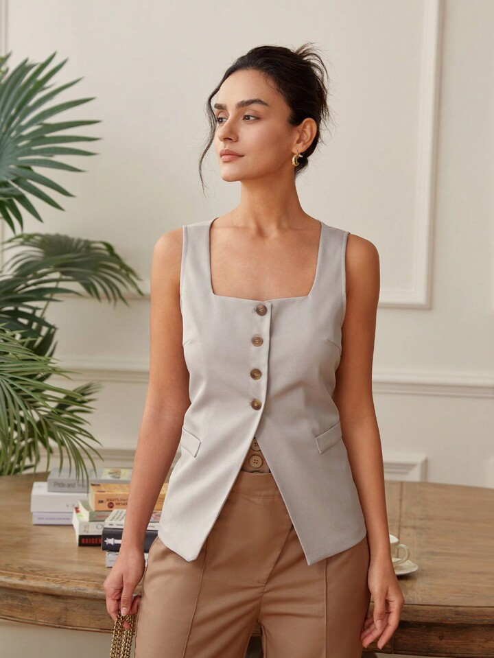 Women's Summer Casual Tank Top With Single-Breasted Square Neckline | SHEIN