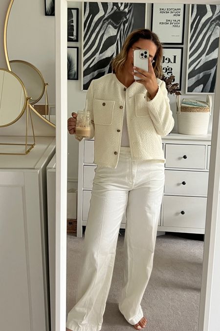 Old money style, neutral style, neutral aesthetic, white outfit, smart casual outfit, fall fashion, autumn outfit, white jacket, boucle jacket, white tee, basic tee, white jeans, straight leg jeans, Mango, Massimo Dutti, H&M, Hush

#LTKstyletip #LTKSeasonal #LTKeurope