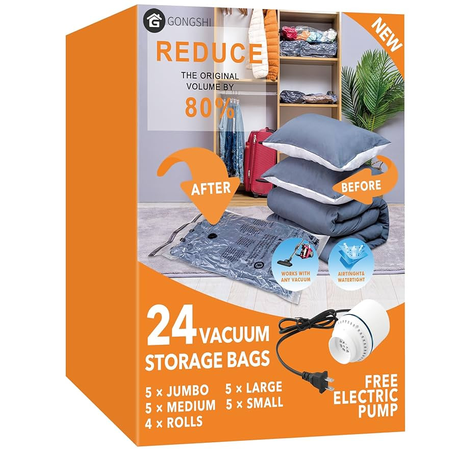 24 Pack Vacuum Storage Bags with Electric Pump, (5 Jumbo, 5 Large, 5 Medium, 5 Small, 4 Roll Up B... | Amazon (US)