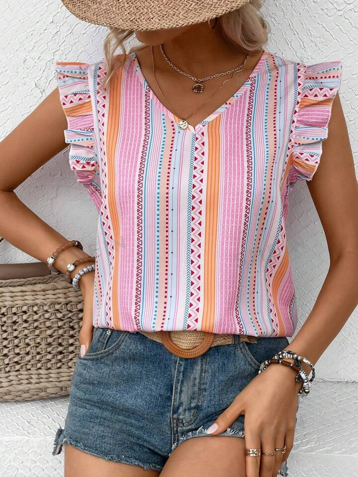 SHEIN VCAY Geo Print Ruffle Trim V Neck Blouse | SHEIN