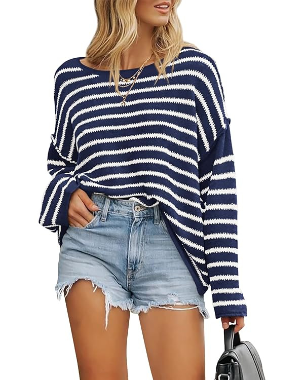 BTFBM Women's Striped Knit Sweaters 2025 Spring Fall Boat Neck Off Shoulder Long Sleeve Oversized... | Amazon (US)