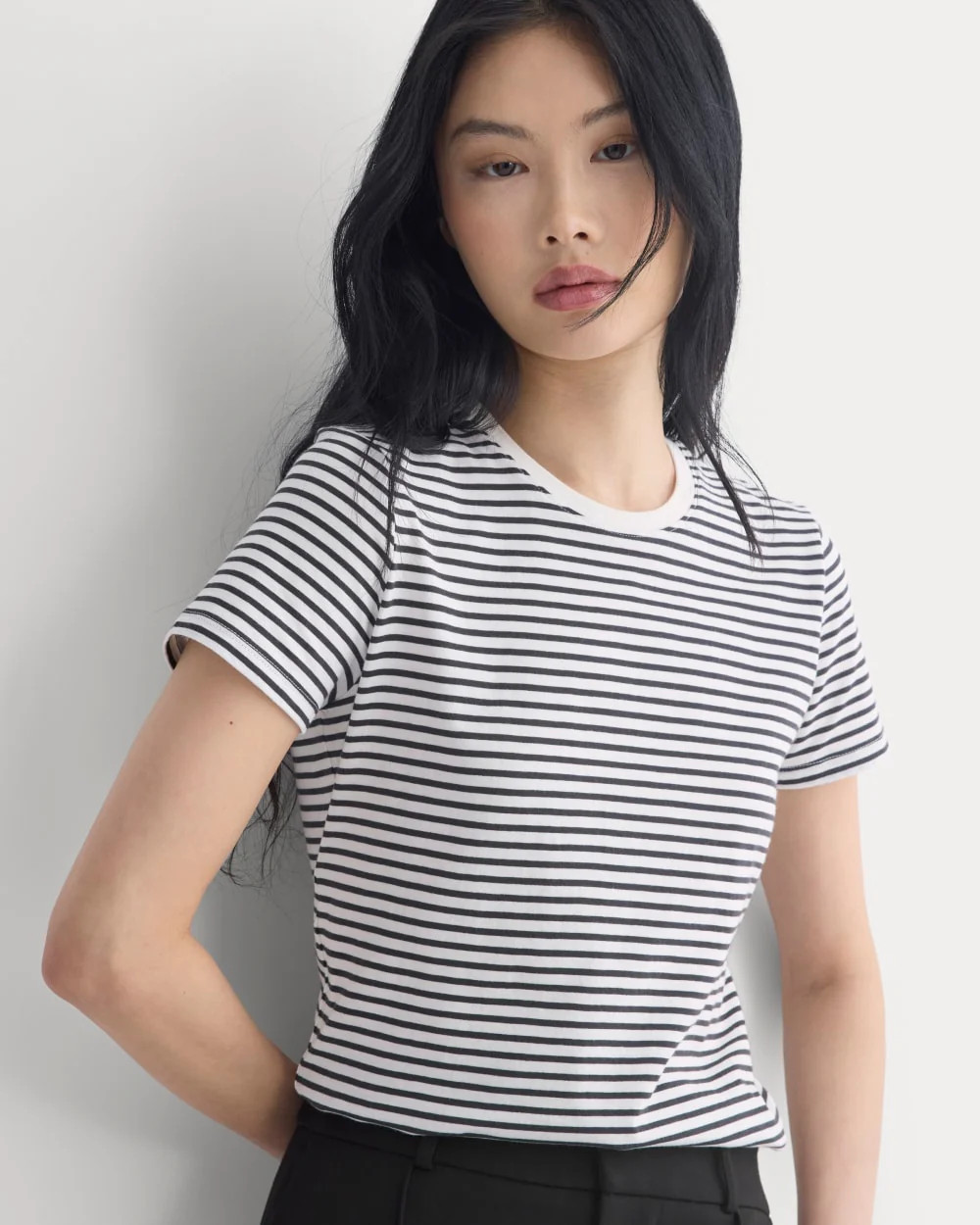 The Slim Crew in Essential Cotton | Bone / Pirate Black Stripe | Everlane