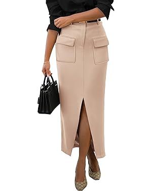 KIRUNDO Women's High Waisted Cargo Midi Skirt Trendy Summer Pencil Slit Dressy Casual Business Wo... | Amazon (US)