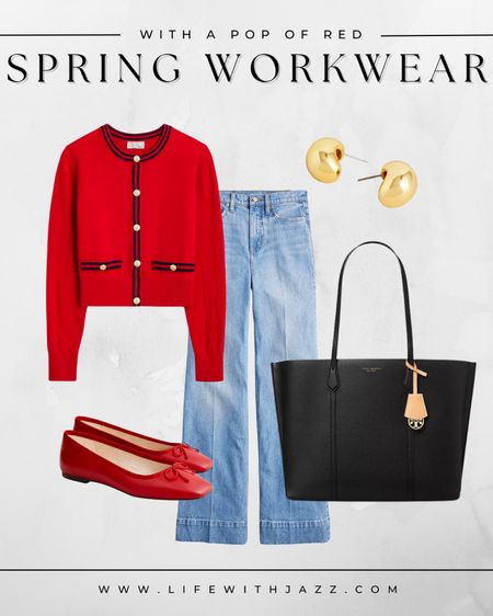 Spring workwear with a pop of red ❤️

Sweater jacket  / denim trousers / jeans / wide leg jeans / red flats / black, leather tote bag / work out / office outfit / spring style

#LTKworkwear #LTKstyletip
