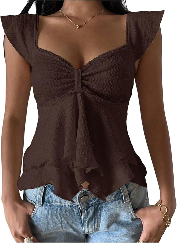 RoseSeek Women's Flowy Going Out Tank Top Sweetheart Neck Cap Sleeve Summer Ruffle Elegant Crop T... | Amazon (US)