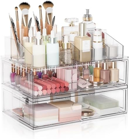Clear Stackable Makeup Organizer with Drawer, 12''W Acrylic Storage Drawers, Cosmetic Display Cas... | Amazon (US)