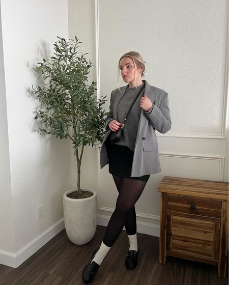 Loafers, tights, and socks♥️ grey blazer and sweater are from Zara