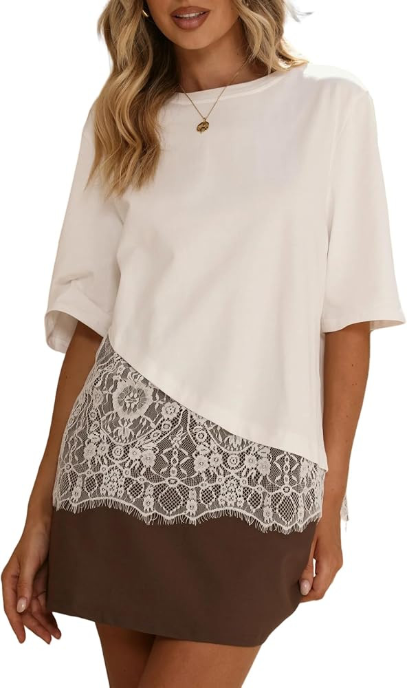 Womens Lace Patchwork Top Short Sleeve Crew Neck Asymmetric Hem Relaxed Fit Lace Blouses Casual T... | Amazon (US)