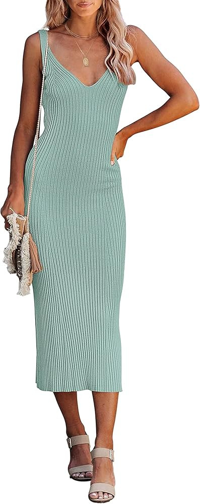 MEROKEETY Womens 2024 Summer V Neck Knit Midi Dress Bodycon Sleeveless Ribbed Sweater Dresses | Amazon (US)